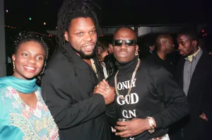 R And Prints: Left to right, unnamed guest, Jazzie B of Soul II Soul and Mark Morrison at The Brit