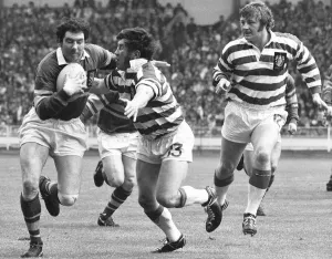 The Leigh defence close down on a rare Leeds attack during the 1971 Rugby League Cup