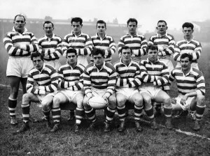 Leigh Rugby League team group. Left to right- Back row: Owen, Kindon, Hosking, Fisher