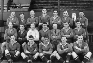 Leigh Rugby League team pose for a group photograph Left to right