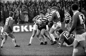 Leigh v. Oldham. Oldham stand-off Sayer is tackled by Leigh forward Welding