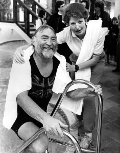 Towels Prints: Leisure complex attendant Phillipa Seccombe helps David Bellamy out of the pool