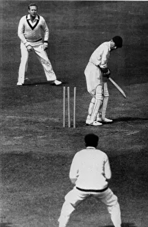 00168 Prints: Len Hutton batting at Headingley cricket ground circa. 1950