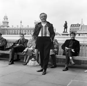 Leo Abse, Labour MP for Pontypool, arrives at the House of Commons wearing his budget day