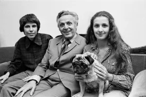 Gay Rights Prints: Leo Abse MP with children Tobias and Bathsheba holding pug dog. 22nd May 1973