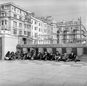 Les Hobeaux Skiffle group seen here performing on the sea front a Hastings. May 1957