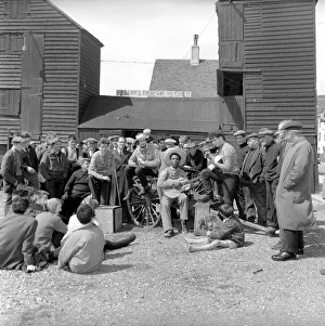 Les Hobeaux Skiffle group seen here performing on the sea front a Hastings. May 1957
