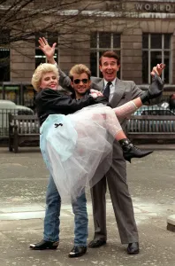 Leslie Crowther TV Presenter of Stars in Their Eyes with George Michael lookalike