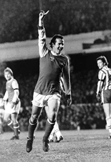 Liam Brady Arsenal Football Player celebrates after scoring goal. March 1980