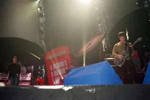 Liam Gallagher and Noel Gallagher of Oasis performing at Newcastle Arena during their Be