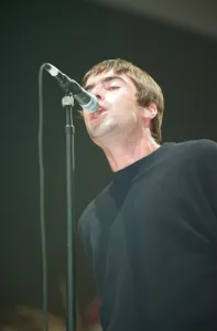 Liam Gallagher of Oasis performing at Newcastle Arena during their Be Here Now Tour