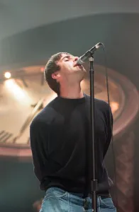 Liam Gallagher of Oasis performing at Newcastle Arena during their Be Here Now Tour