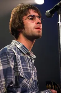 Liam Gallagher of pop group band Oasis on stage at Ingliston showground in Edinburgh