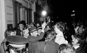 Liberal party leader Jeremy Thorpe leaving his party headquarters in Barnstable