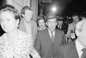 Liberal party leader Jeremy Thorpe leaving his party headquarters in Barnstable
