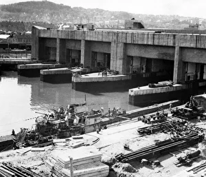 In liberated Norway. The bomb proof submarine pens at Trondheim, Norway. May 1945