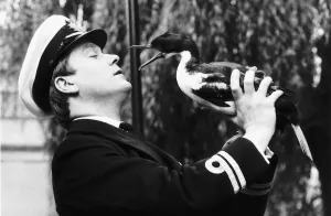 Lieutenant Geoffrey Mackett with King Cormorant 1982 which he brought back to
