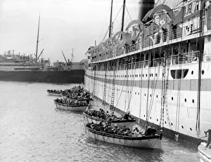 Life Boats Prints: Life-boat drawning away from the ship. H. M. T Lancarchive. September 1936 P000088
