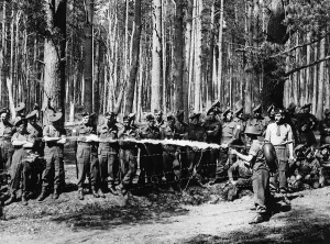 The Lifebuoy'flame thrower being demonstrated to British troops in France