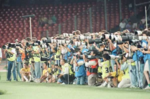 Cameramen Prints: Line of photographers at England v Cameroon World Cup Quarter Final match at the Stadio