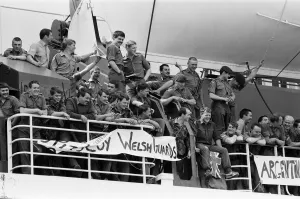 The liner QE2 departs from Southampton to take British soldiers off to war in