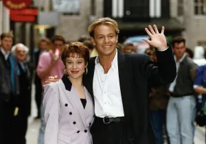 Linzi Hately actress with Jason Donovan at the London Palladium today where she is to