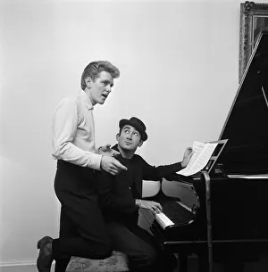 Lionel Bart (wearing a hat) at his office in Shaftesbury Avenue, with Shane Fenton