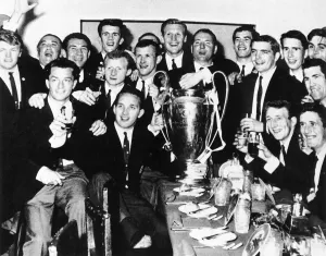 00759 Prints: Lisbon Lions celebrate at the UEFA after-match banquet for which the beaten Italians