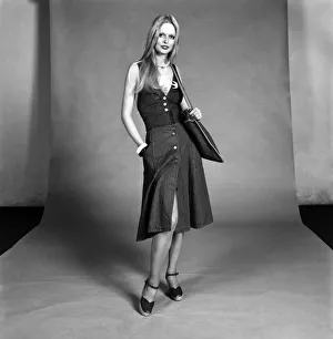 00056 Prints: Lise-Lotte. Swedish model seen here wearing a denim dress. March 1975 75-01268-007