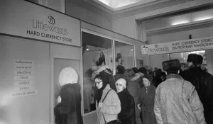 Russia Prints: Littlewoods store in Russia. Shoppers are limited to two garments each to deter black