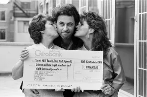 Live Aid fundraising star Bob Geldof was presented with a giant National Girobank cheque