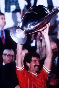 00239 Prints: Liverpool captain Graeme Souness holds aloft the European Cup trophy after their victory