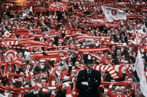 Liverpool fans FA Cup final 1971 Arsenal Liverpool football supporters waving scarves