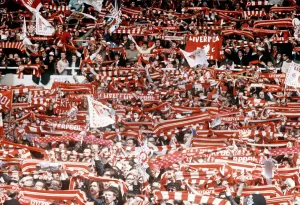 Liverpool fans FA Cup final 1971 Arsenal Liverpool football supporters waving scarves