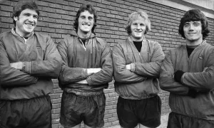 Liverpool FC England international players left to right: Emlyn Hughes, Ray Clemence