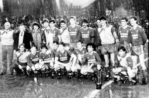 Liverpool football team at Anfield with the Canon League Trophy 1986