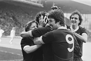 Liverpool Football team celebrate winning the League title after defeating Aston Villa