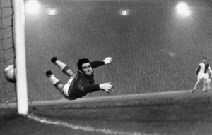 Save Prints: Liverpool goalkeeper Tommy Lawrence in action during the English League Division One