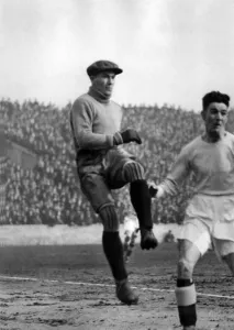 Liverpool Ireland goal keeper Elisha Scott seen in action against Aston Villa