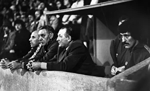 Management Prints: Liverpool manager Bob paisley joined in the dug out by Ronnie Moran