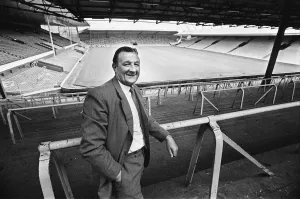 Liverpool manager Bob Paisley pictured on the terraces at Anfield shortly after taking
