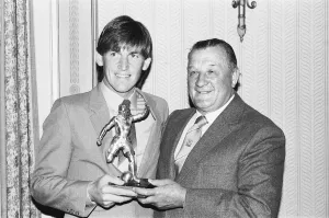Award Ceremonies Prints: Liverpool manager Bob Paisley with his player Kenny Dalglish who was voted Football