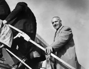 Liverpool manager Bill Shankly boards the plane at Speke Airport