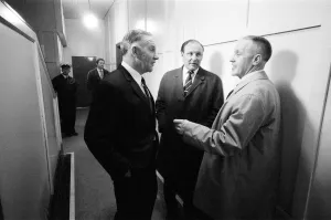 Liverpool manager Bill Shankly chats to Spurs manager Bill Nicholson and Harry Potts