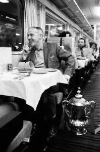 00462 Prints: Liverpool manager Bill Shankly with the FA Cup trophy on board the train back to