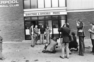 00461 Prints: Liverpool manager Bill Shankly greets young fans outside the directors office at Anfield