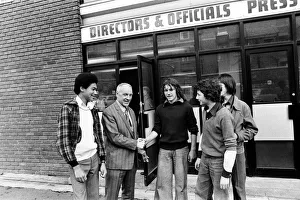 00462 Prints: Liverpool manager Bill Shankly greets young fans outside the directors office at Anfield