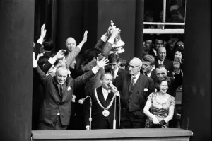 Homecoming Prints: Liverpool manager Bill Shankly pictured on the Liverpool team return to the city