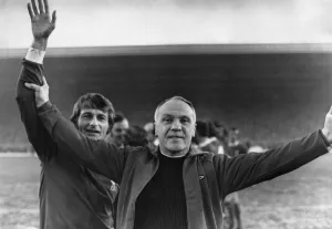 Salute Prints: Liverpool manager Bill Shankly presents Roger Hunt to the fans at Anfield ahead of his