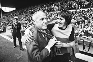 Former Liverpool manager Bill Shankly salutes the Liverpool fans as he walks around
